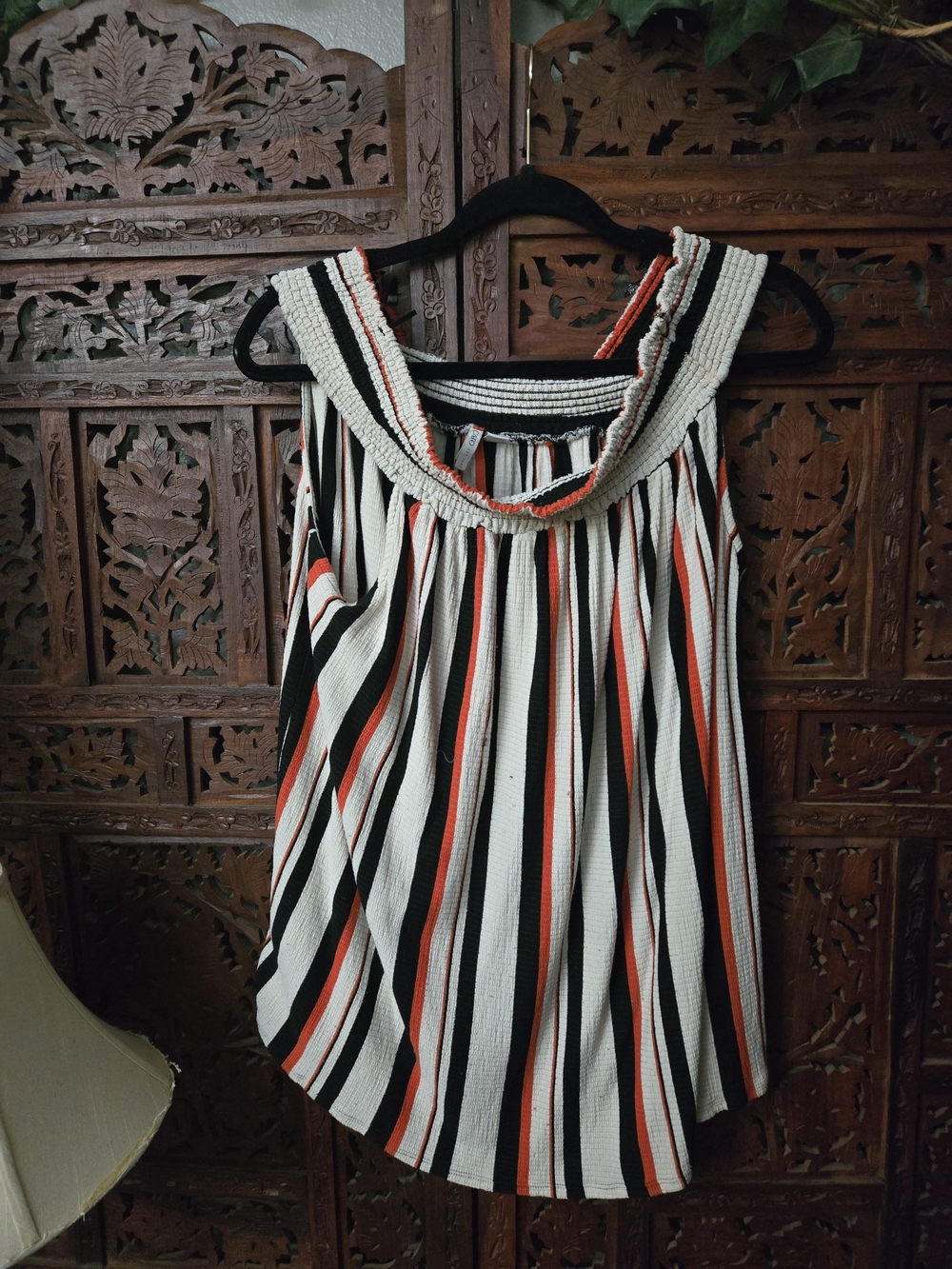 Cato Black, White & Orange Striped Smocked-Neck Sleeveless Top